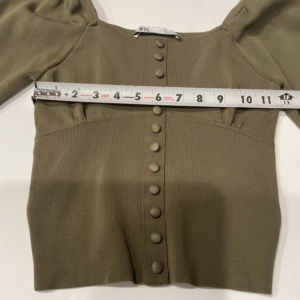 Zara Olive Green Puff Sleeve Crop Blouse Size M - Picture 8 of 12